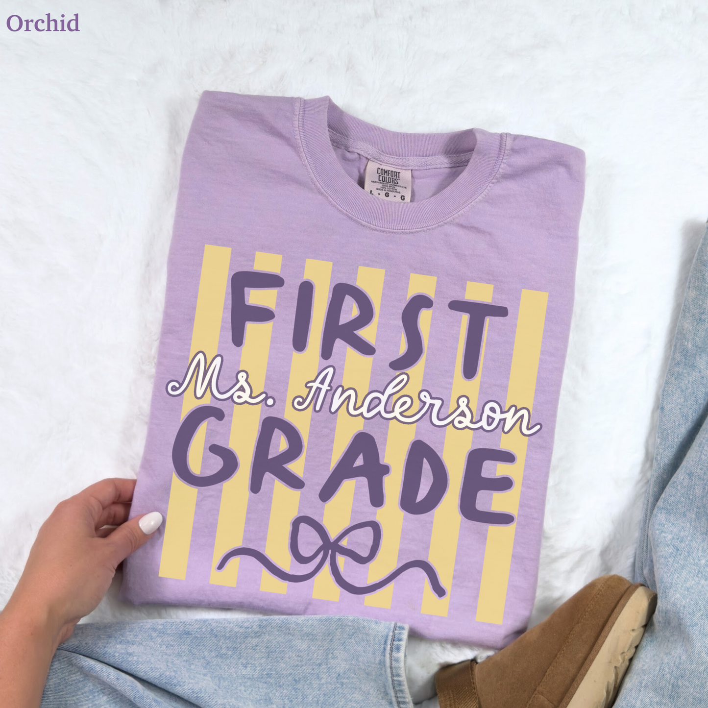 Custom Stripes First Grade Teacher Shirt