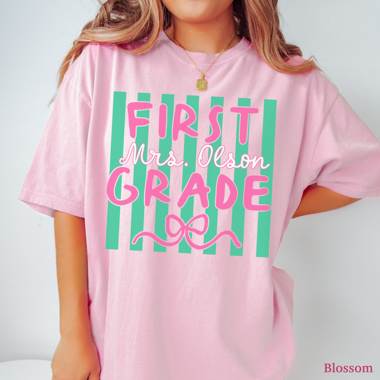 Custom Stripes First Grade Teacher Shirt