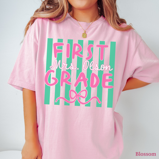Custom Stripes First Grade Teacher Shirt