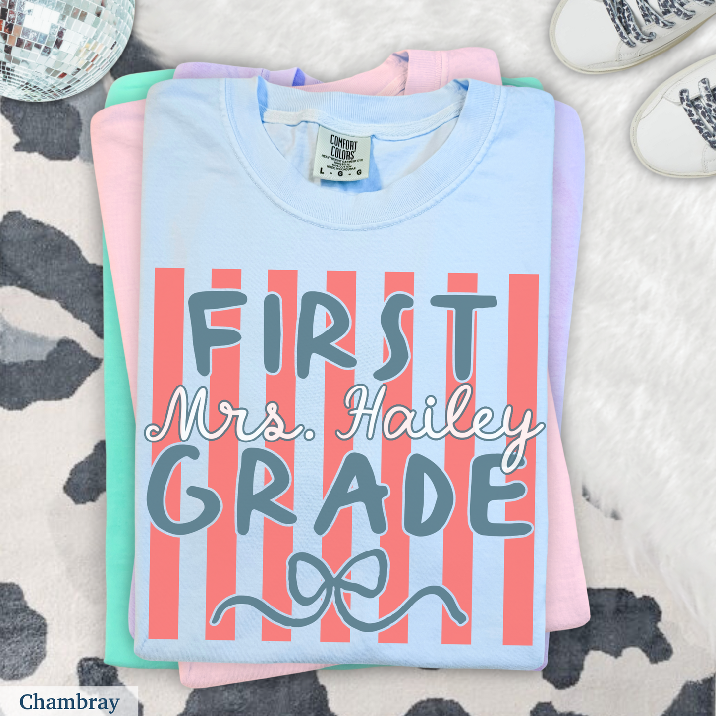 Custom Stripes First Grade Teacher Shirt