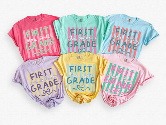Custom Stripes First Grade Teacher Shirt