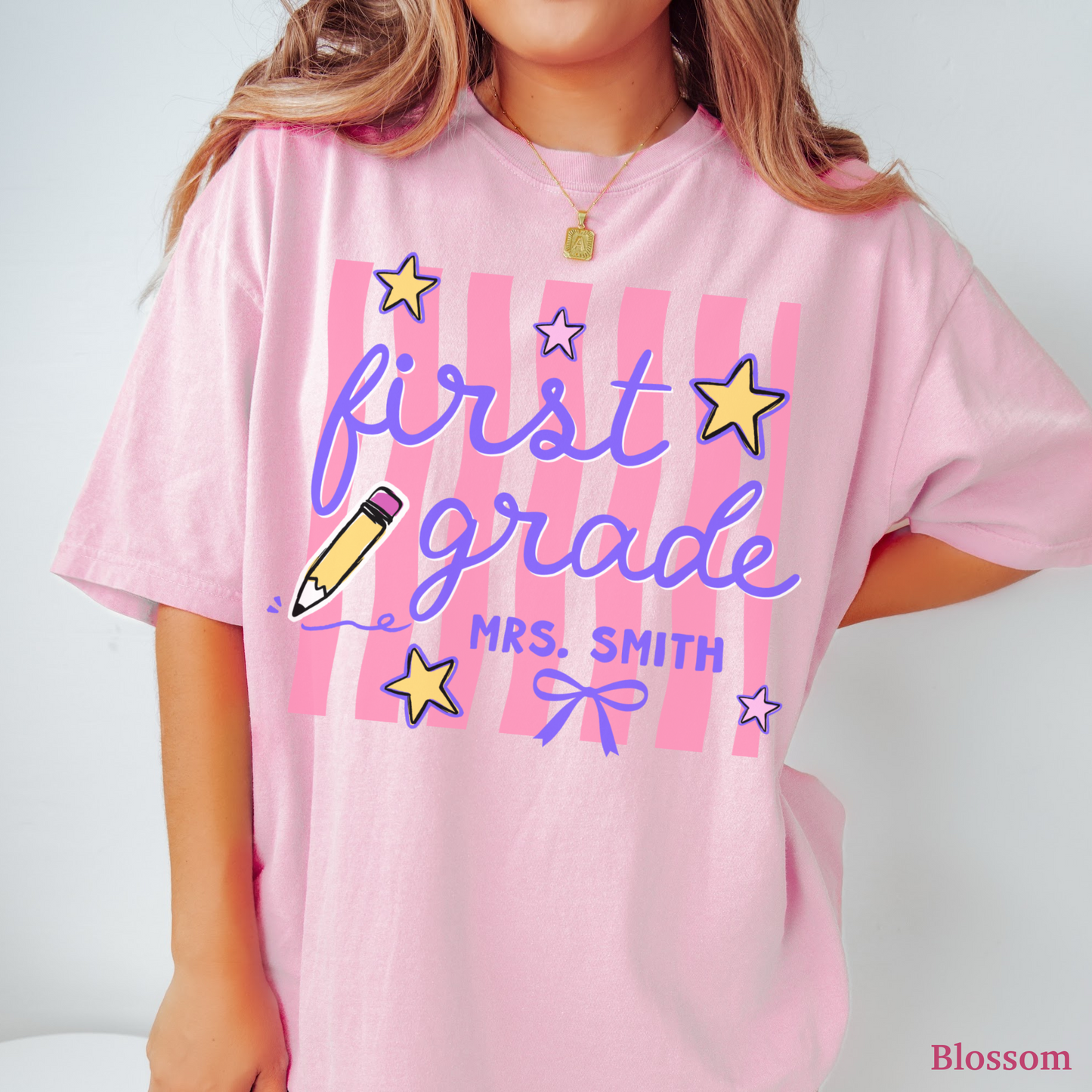 Wavy Stripes Custom First Grade Teacher Shirt