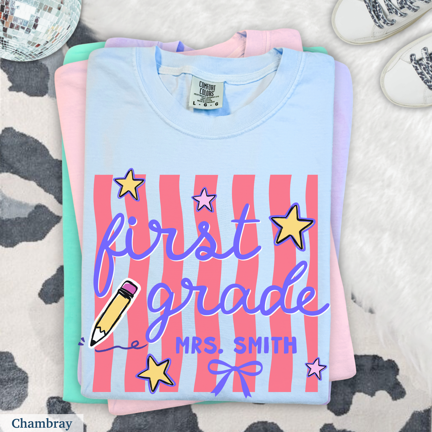 Wavy Stripes Custom First Grade Teacher Shirt