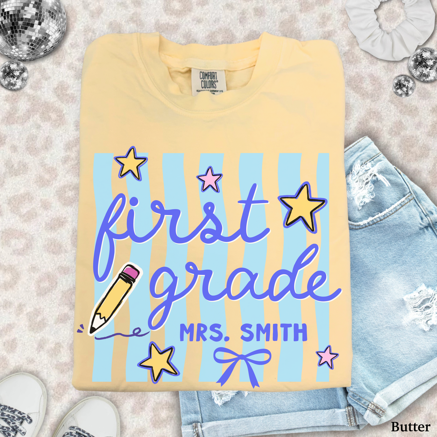 Wavy Stripes Custom First Grade Teacher Shirt