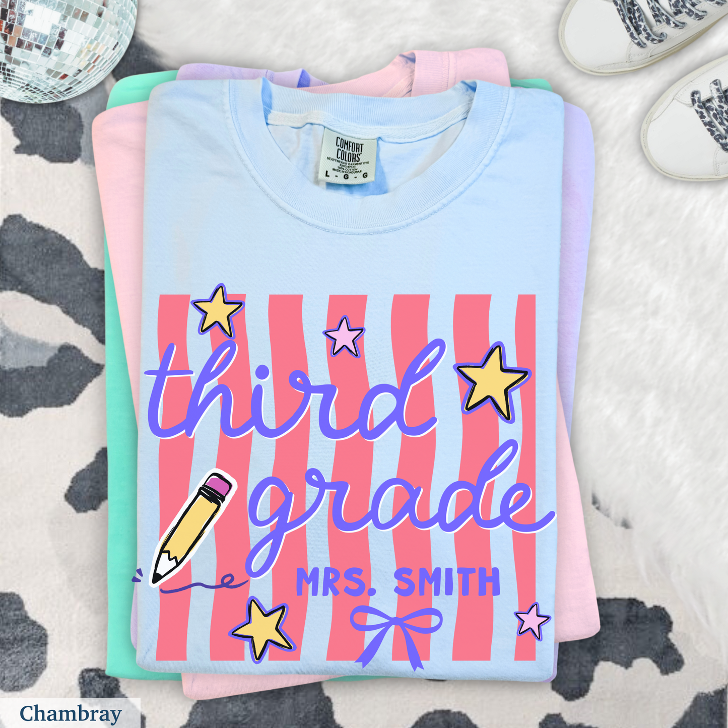 Wavy Stripes Custom Third Grade Teacher Shirt