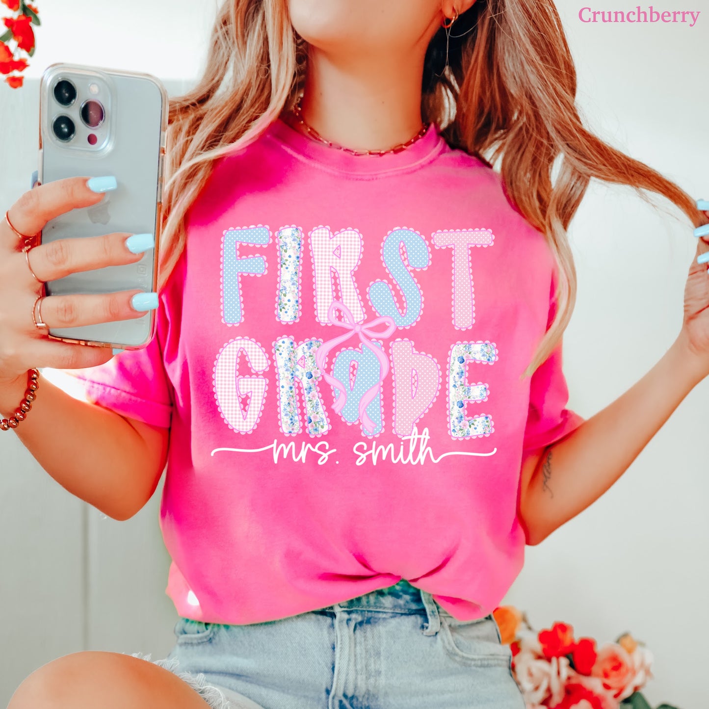 Custom Coquette First Grade Teacher Shirt
