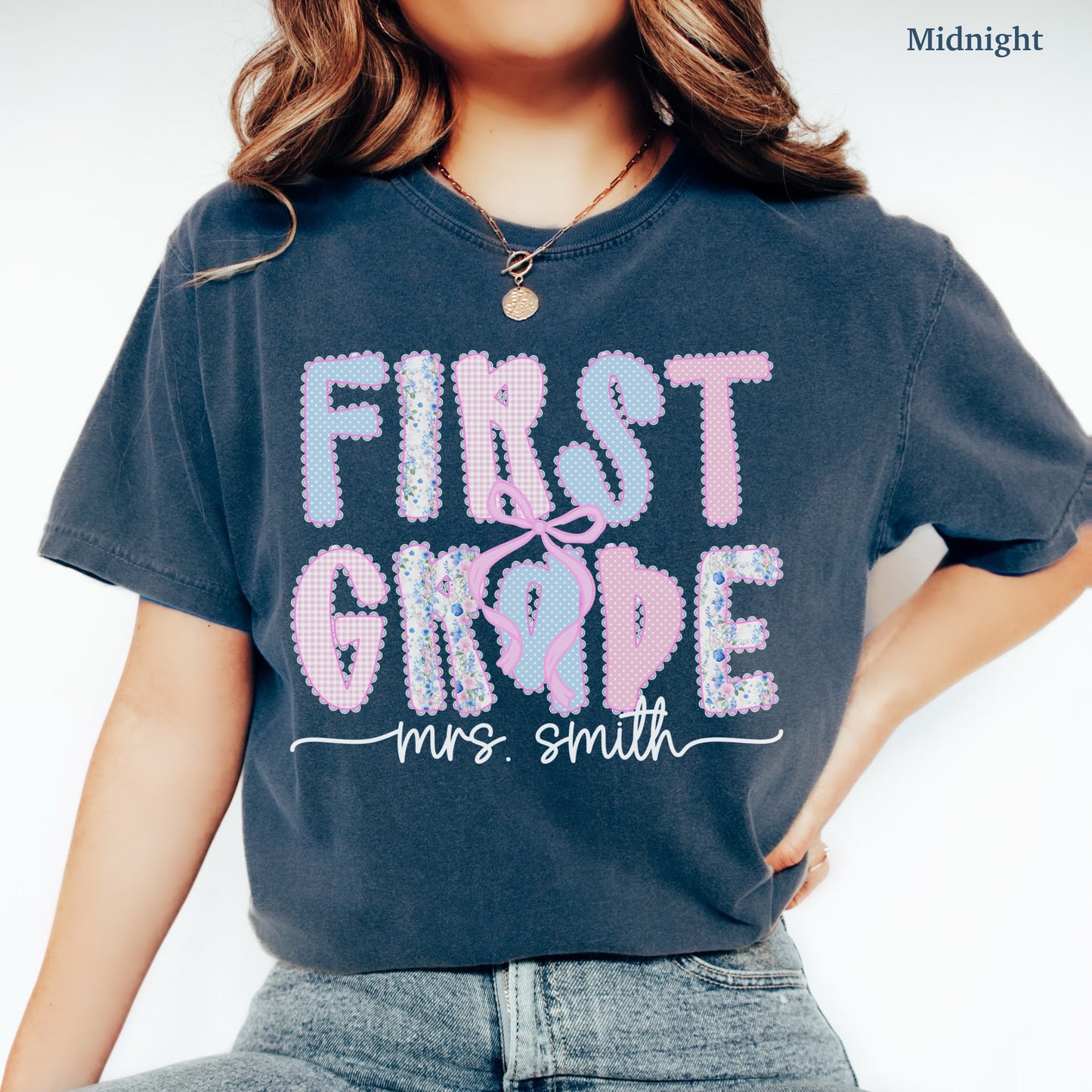 Custom Coquette First Grade Teacher Shirt
