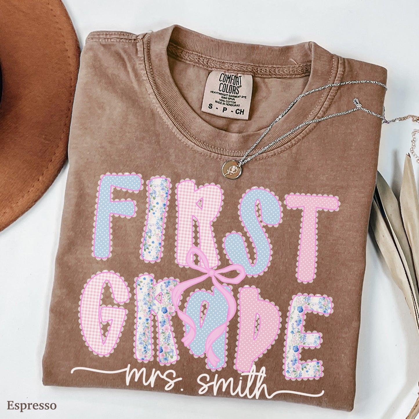Custom Coquette First Grade Teacher Shirt