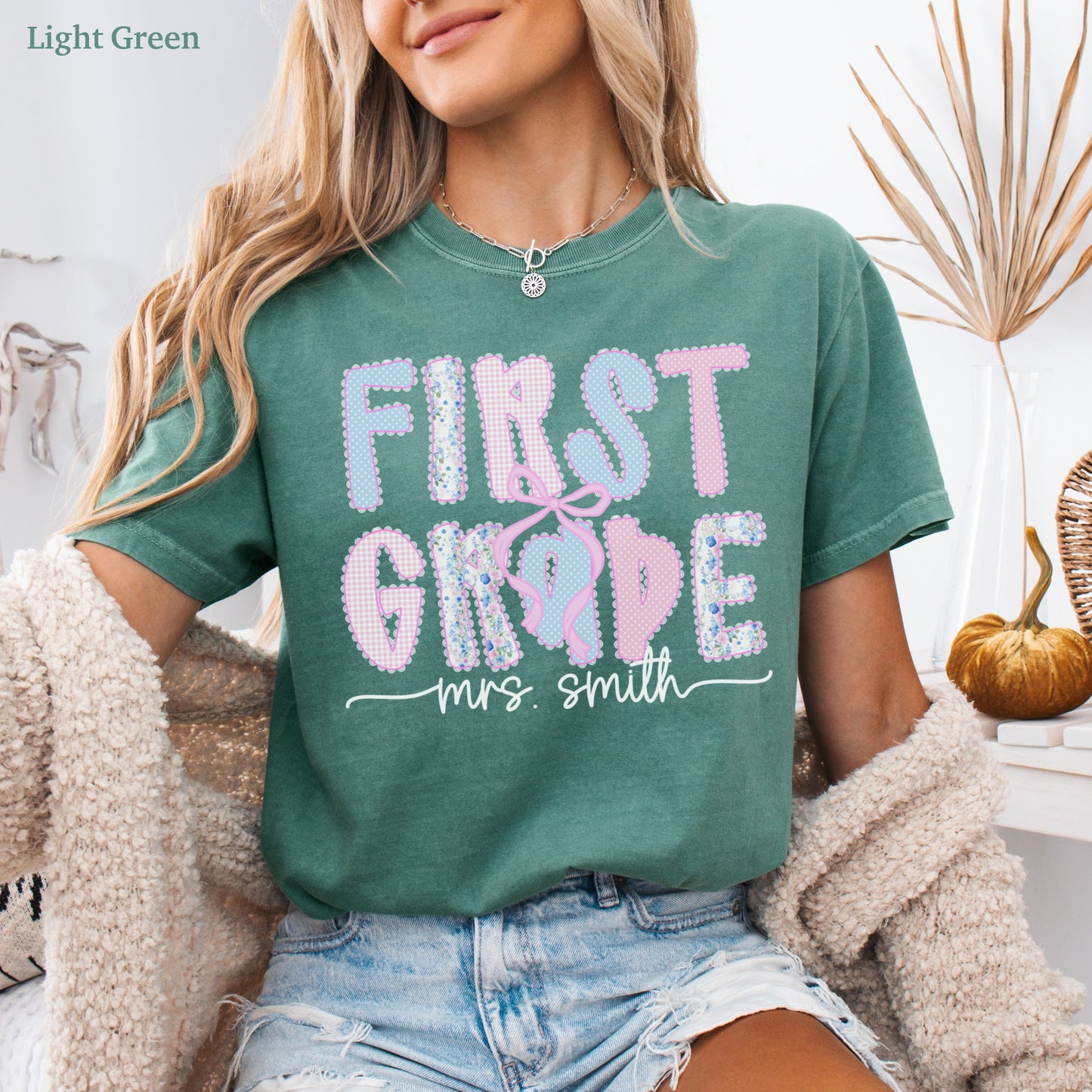 Custom Coquette First Grade Teacher Shirt