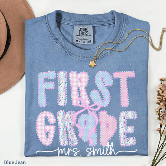 Custom Coquette First Grade Teacher Shirt