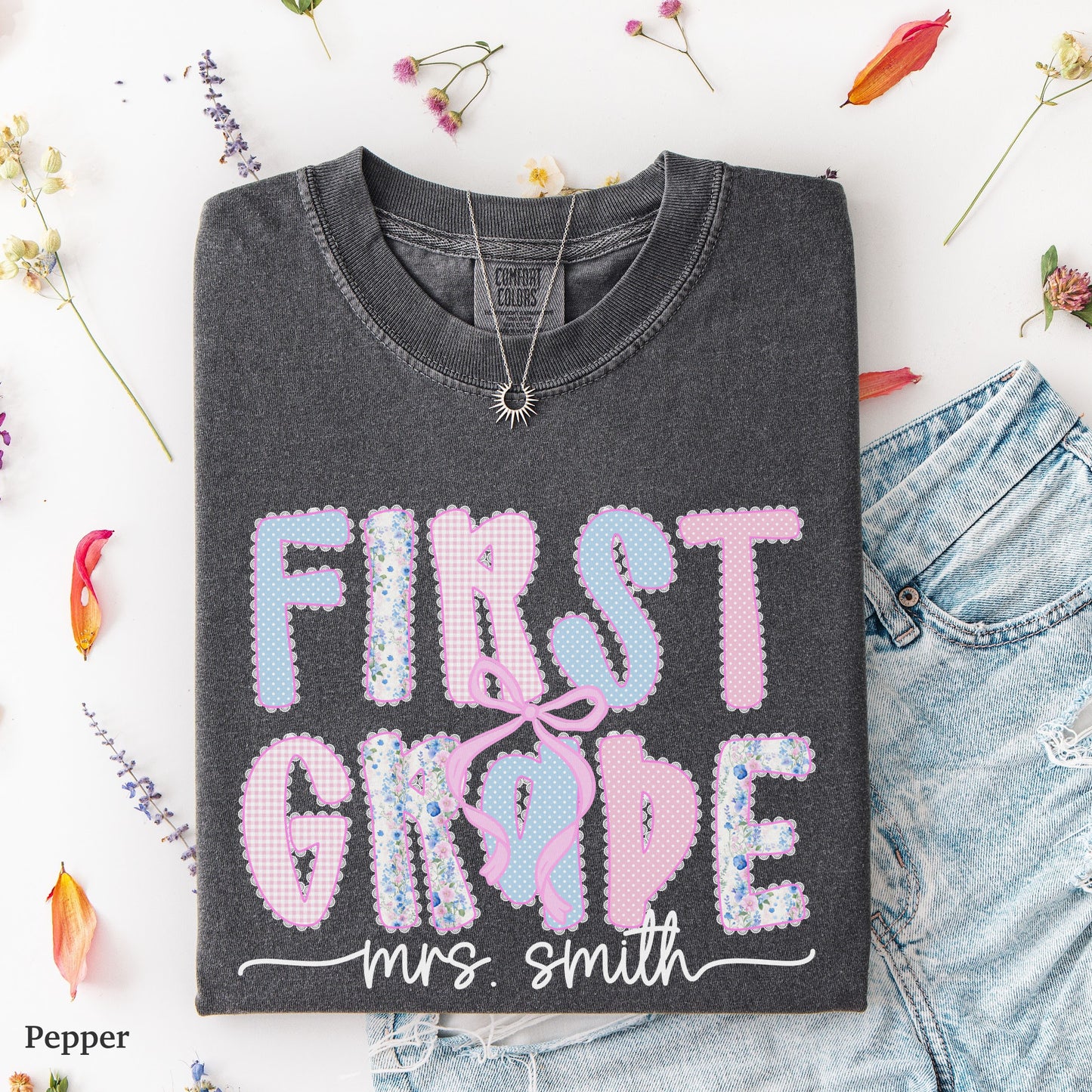 Custom Coquette First Grade Teacher Shirt