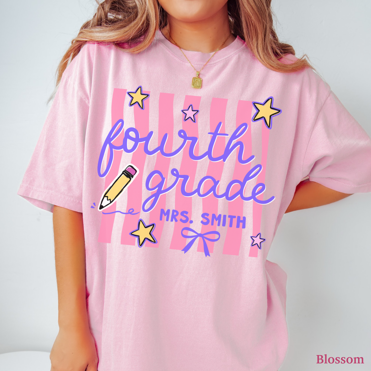 Wavy Stripes Custom Fourth Grade Teacher Shirt