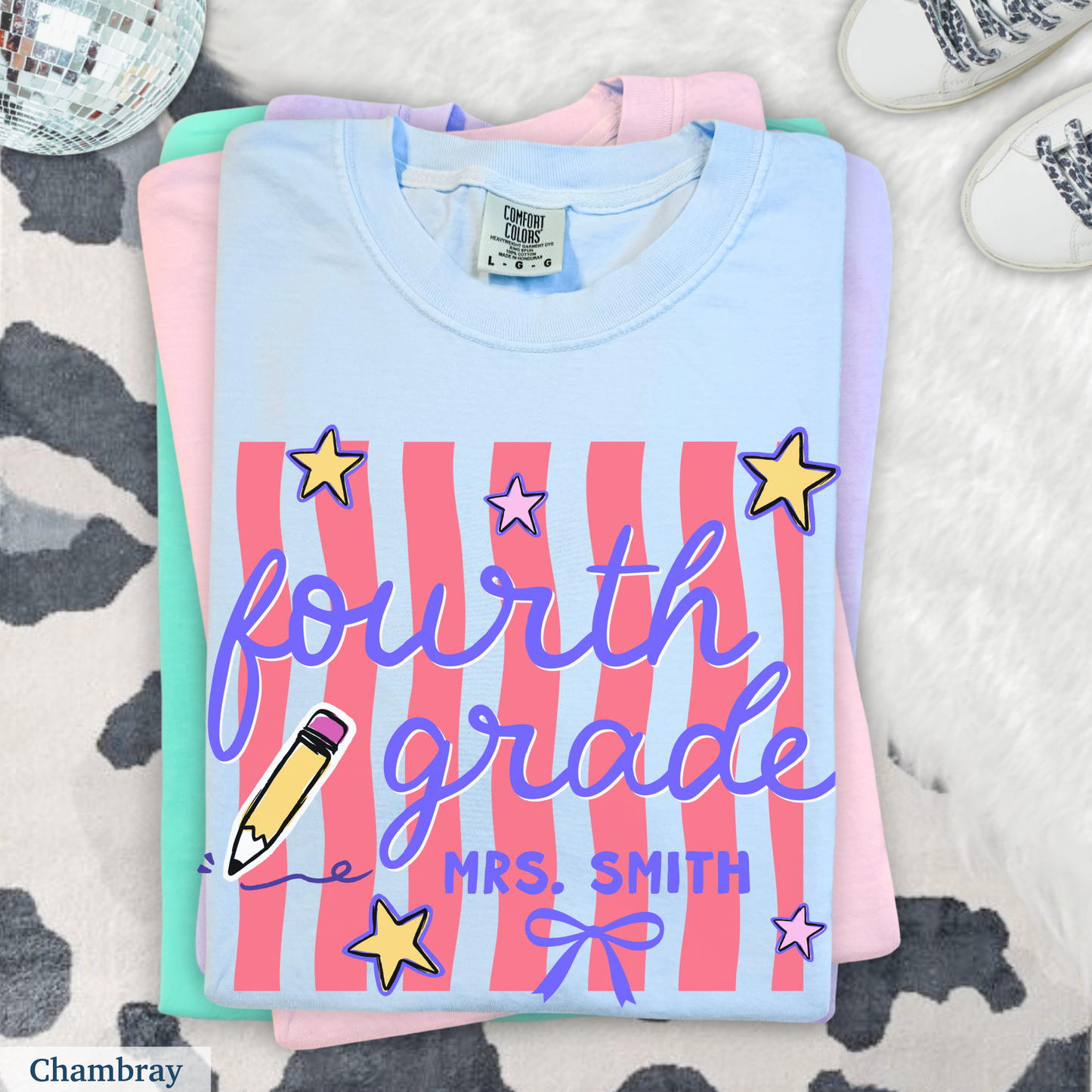 Wavy Stripes Custom Fourth Grade Teacher Shirt