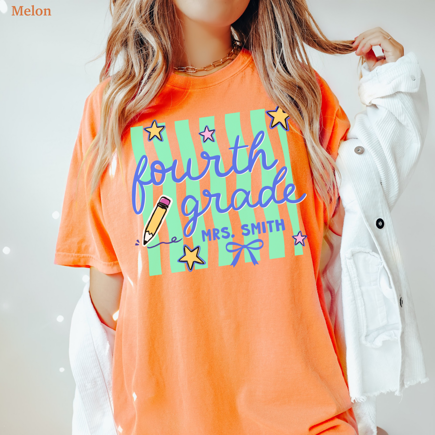 Wavy Stripes Custom Fourth Grade Teacher Shirt