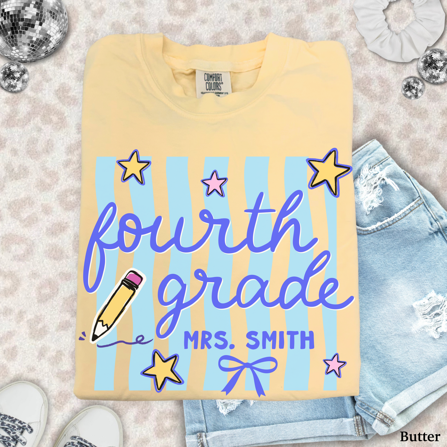 Wavy Stripes Custom Fourth Grade Teacher Shirt