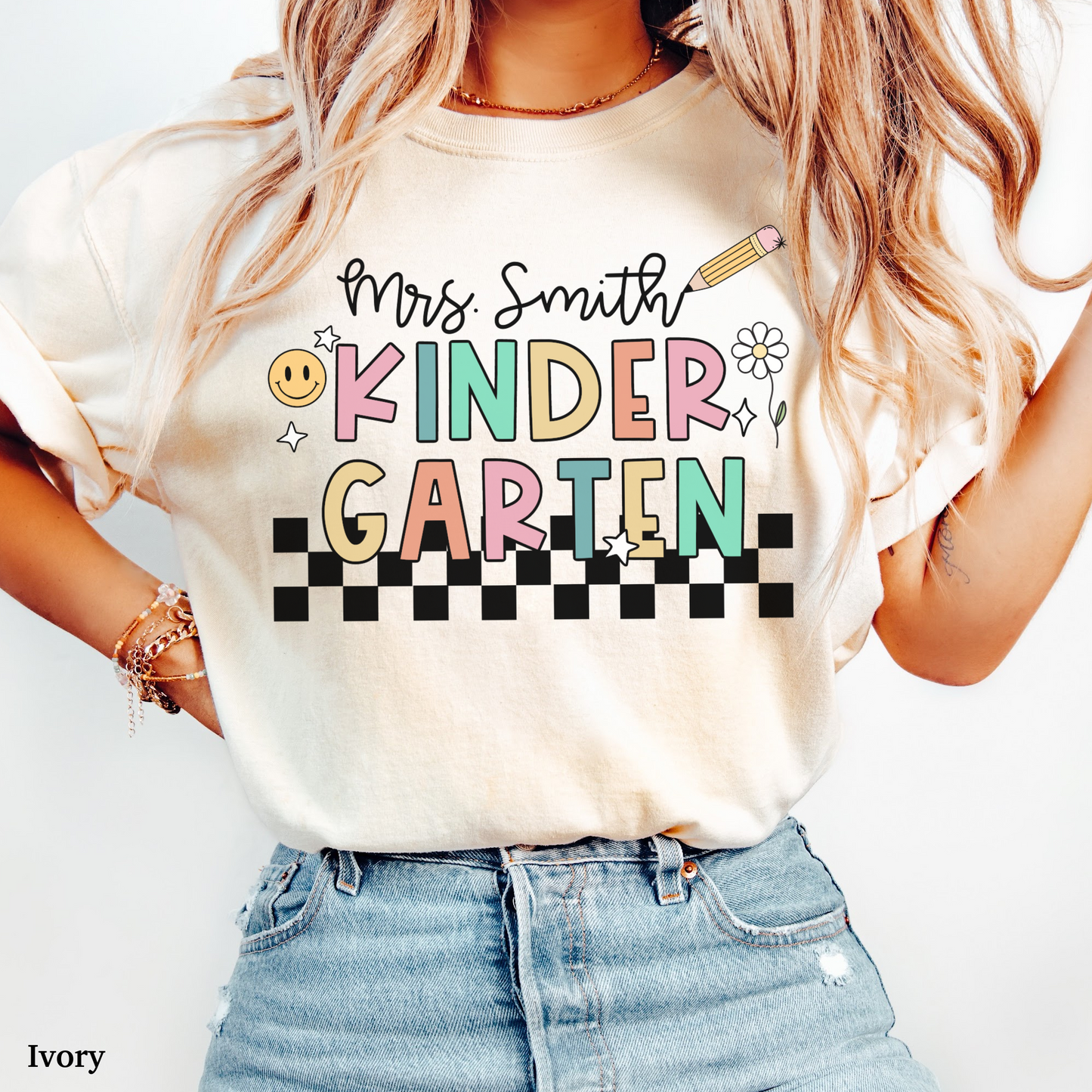Checkered Kindergarten Custom Teacher Shirt