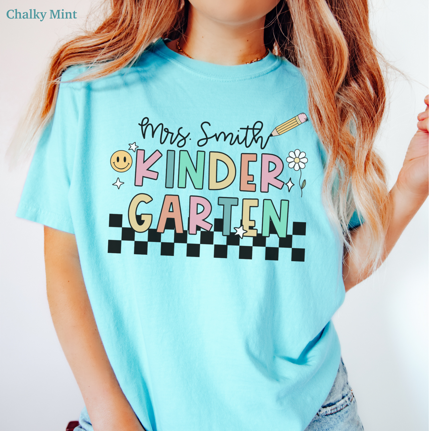 Checkered Kindergarten Custom Teacher Shirt