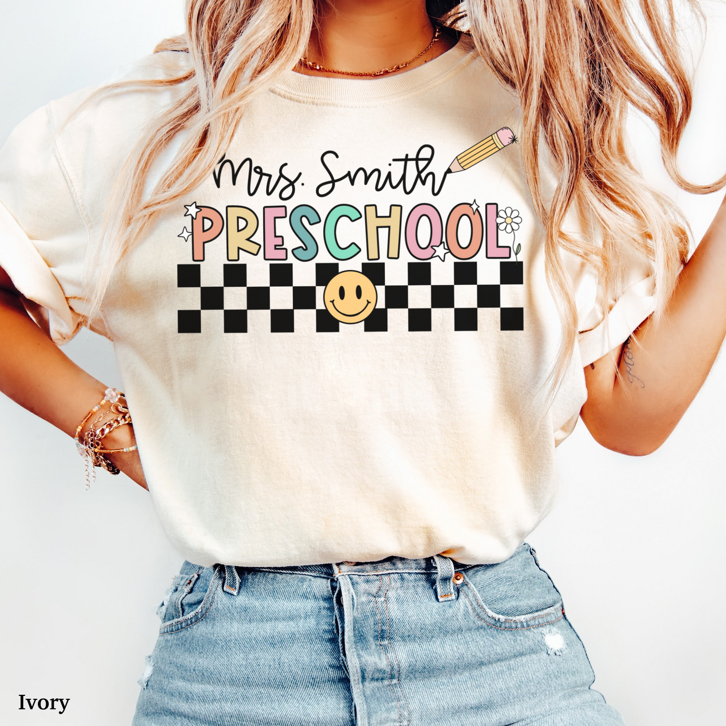 Checkered Preschool Teacher Custom Shirt