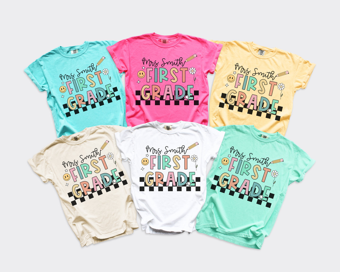 Checkered First Grade Custom Teacher Shirt