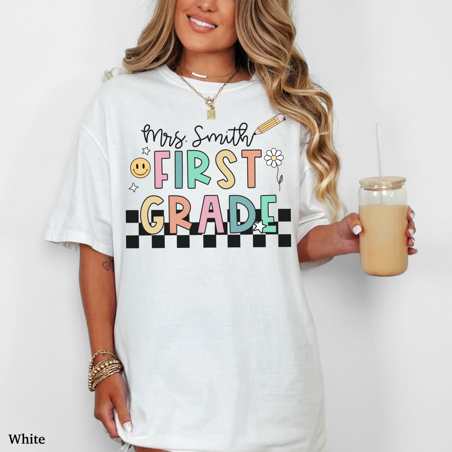 Checkered First Grade Custom Teacher Shirt