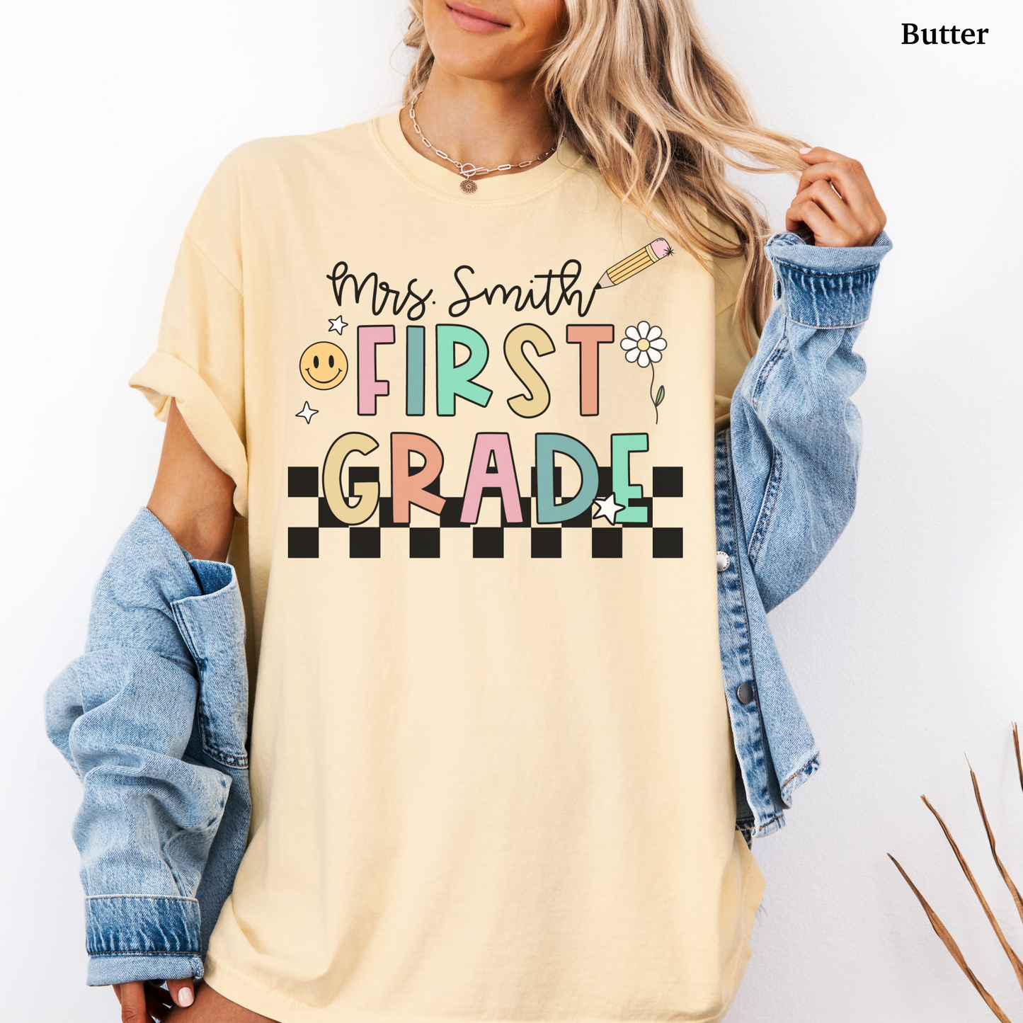 Checkered First Grade Custom Teacher Shirt