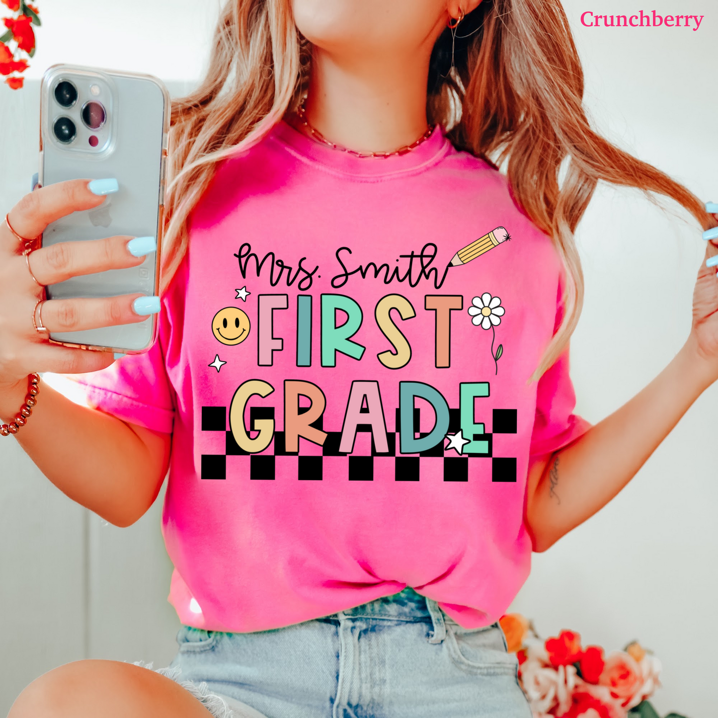 Checkered First Grade Custom Teacher Shirt