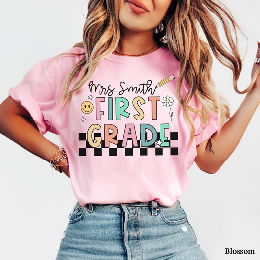 Checkered First Grade Custom Teacher Shirt