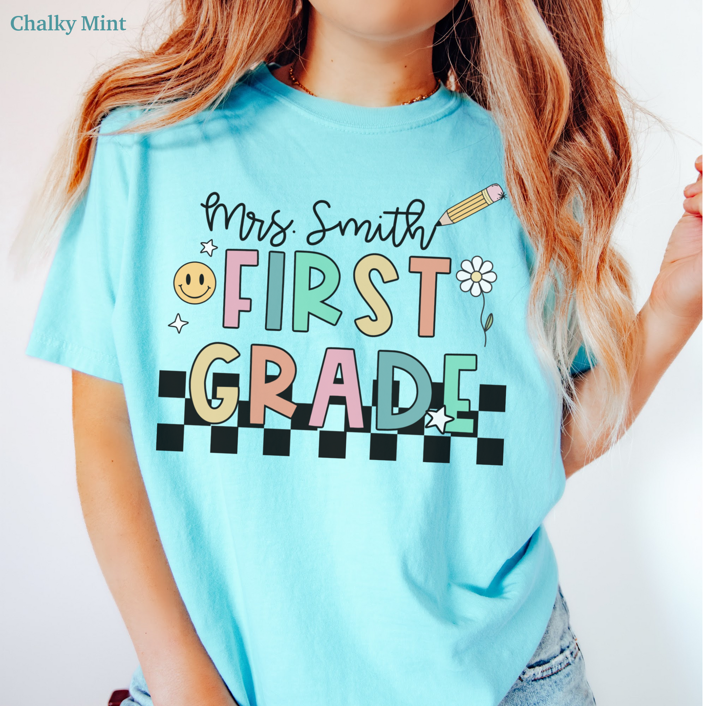 Checkered First Grade Custom Teacher Shirt