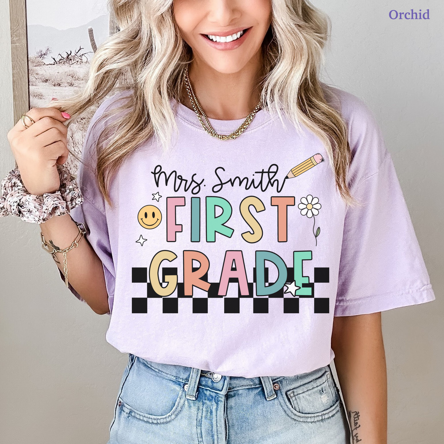 Checkered First Grade Custom Teacher Shirt