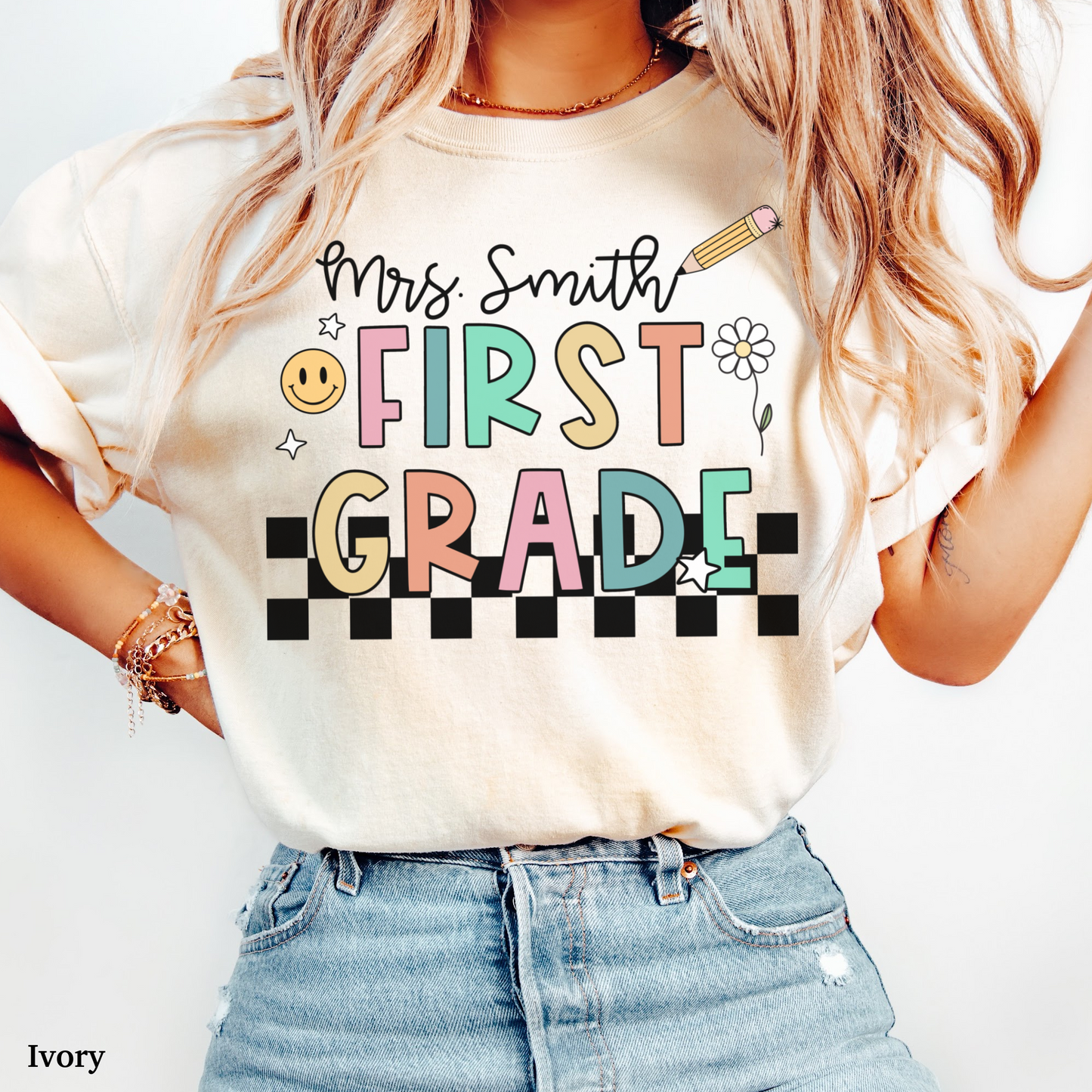 Checkered First Grade Custom Teacher Shirt
