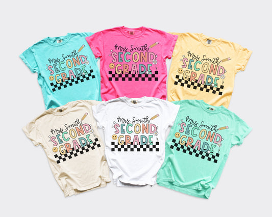Checkered Second Grade Custom Teacher Shirt