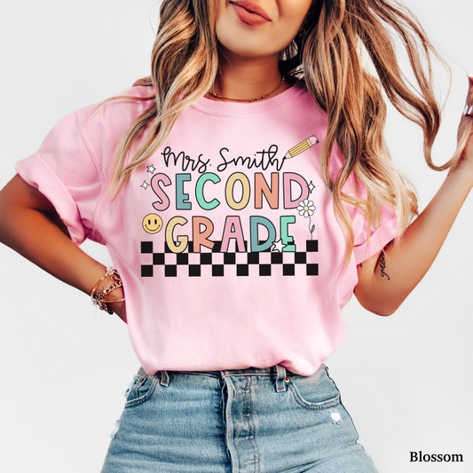 Checkered Second Grade Custom Teacher Shirt