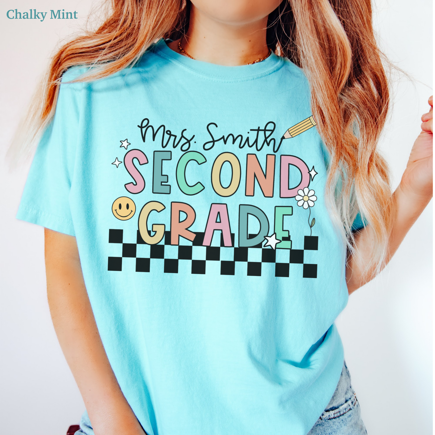 Checkered Second Grade Custom Teacher Shirt