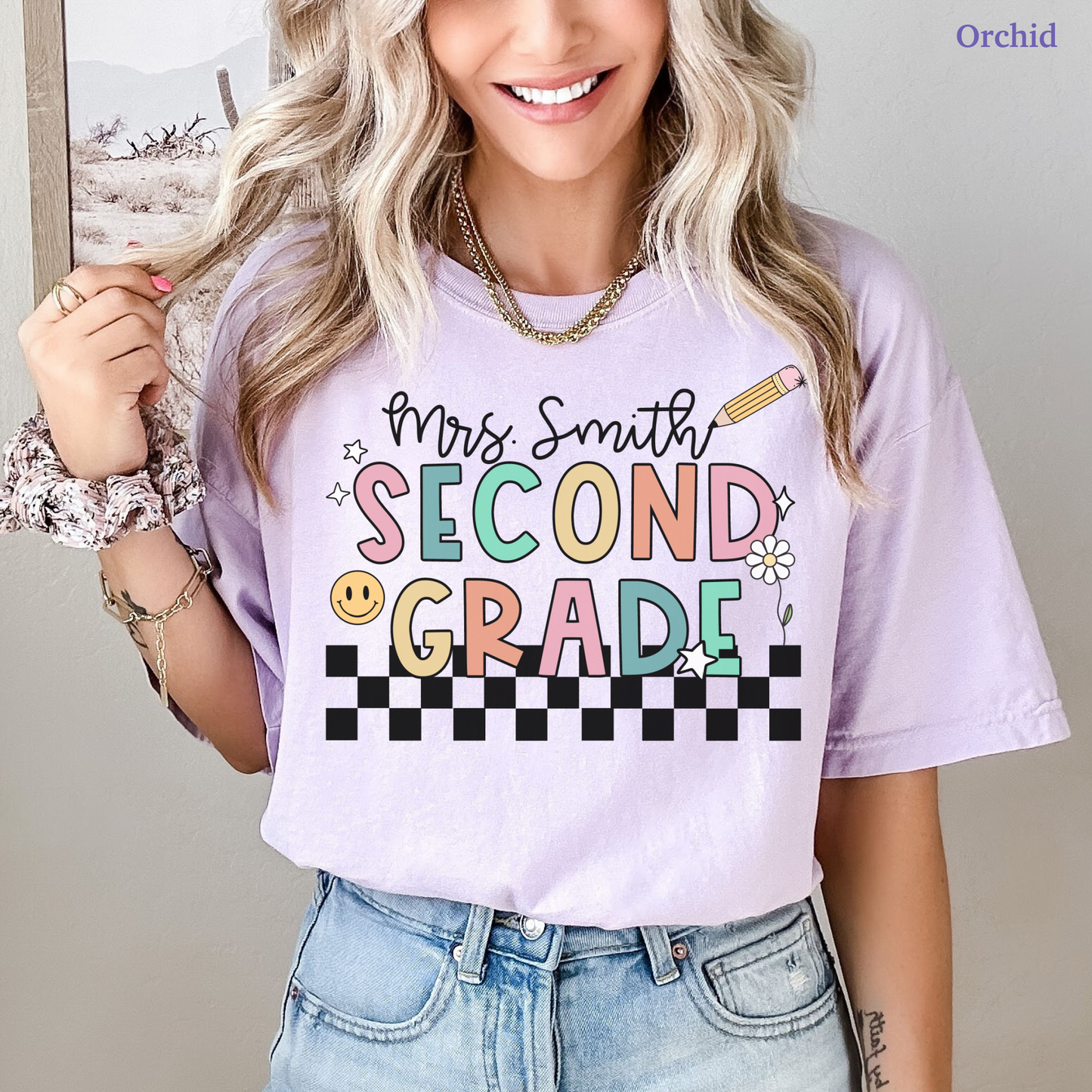 Checkered Second Grade Custom Teacher Shirt