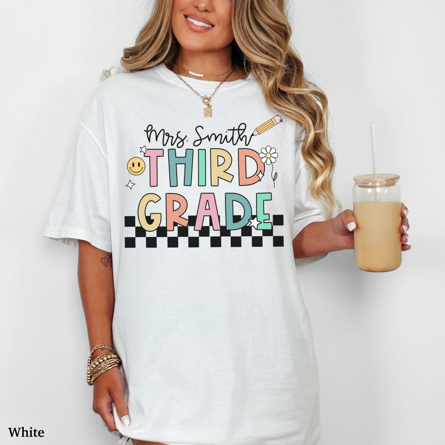 Checkered Third Grade Custom Teacher Shirt