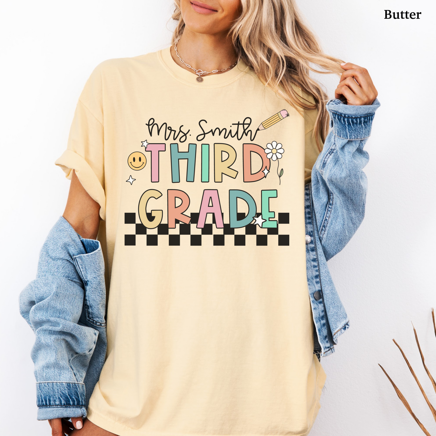 Checkered Third Grade Custom Teacher Shirt