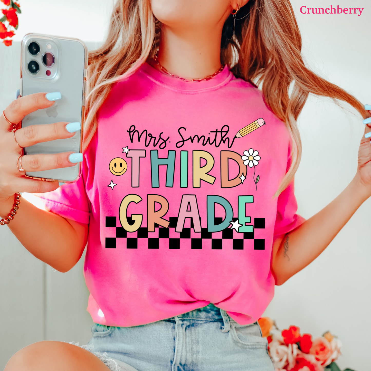 Checkered Third Grade Custom Teacher Shirt