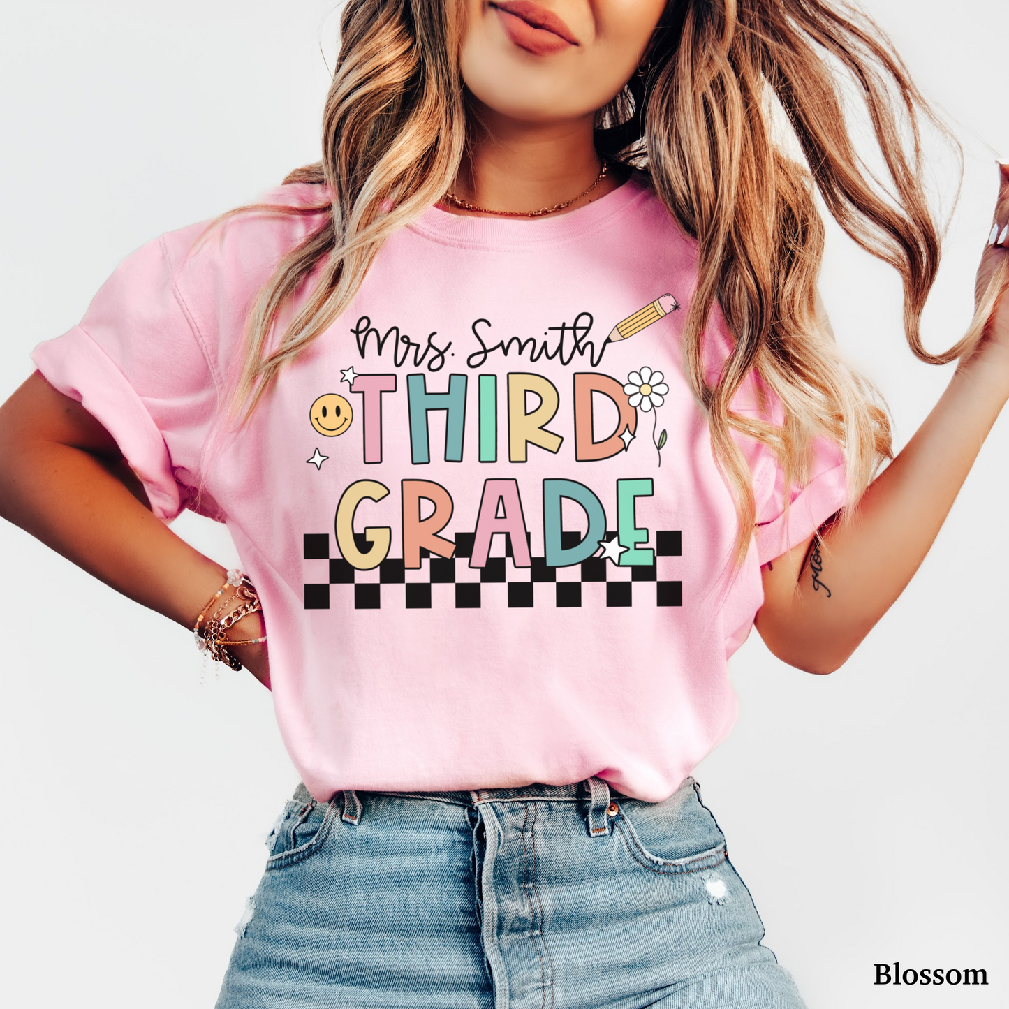 Checkered Third Grade Custom Teacher Shirt