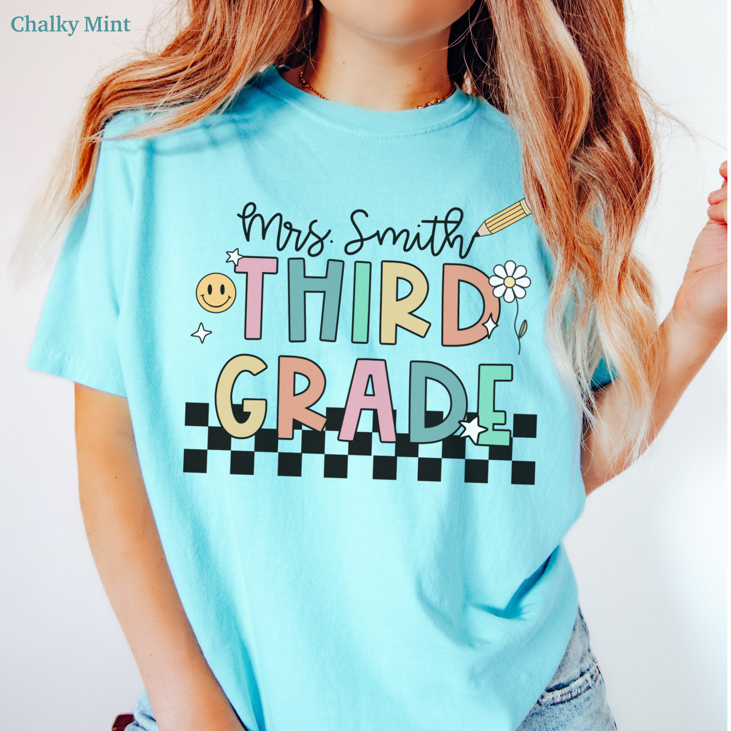 Checkered Third Grade Custom Teacher Shirt