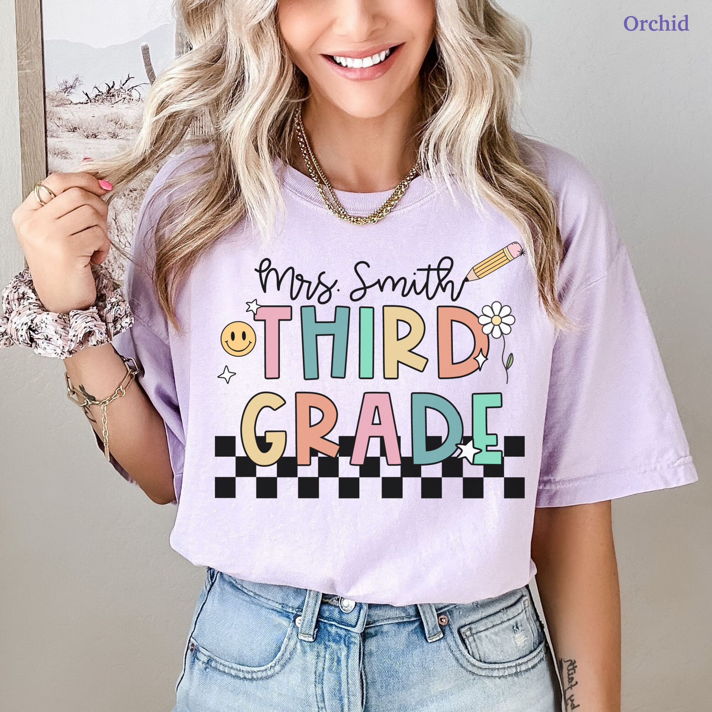 Checkered Third Grade Custom Teacher Shirt