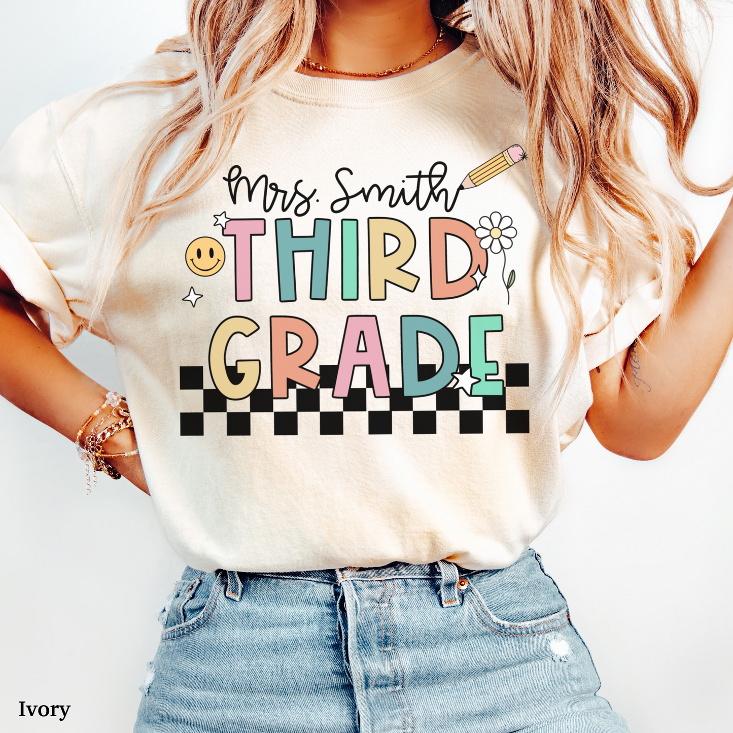 Checkered Third Grade Custom Teacher Shirt