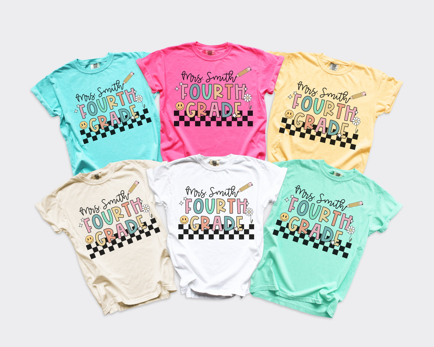 Checkered Fourth Grade Custom Teacher Shirt