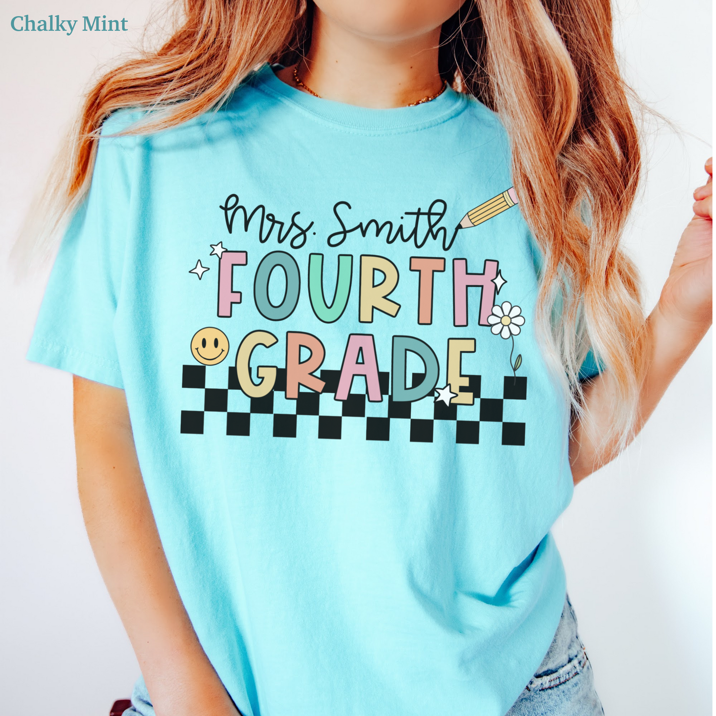 Checkered Fourth Grade Custom Teacher Shirt