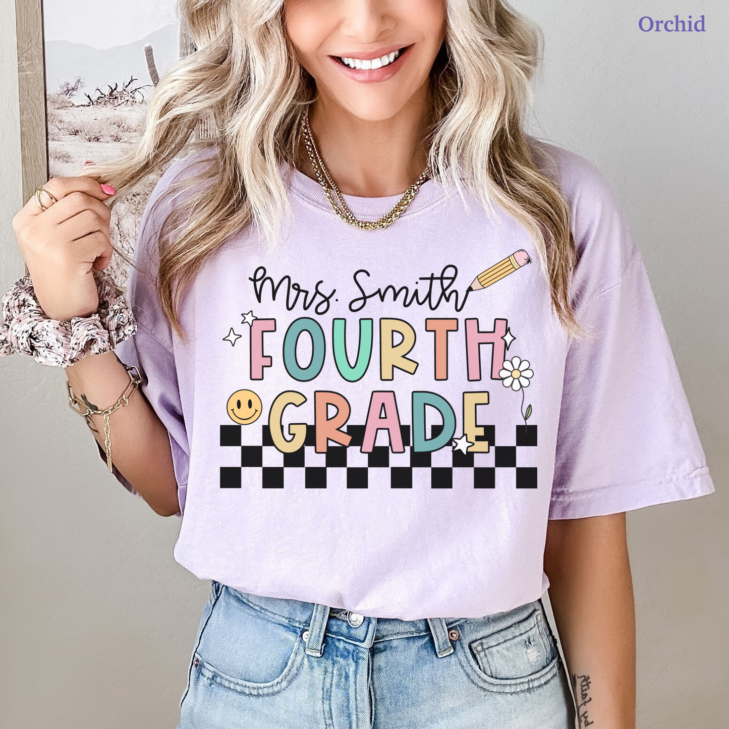 Checkered Fourth Grade Custom Teacher Shirt