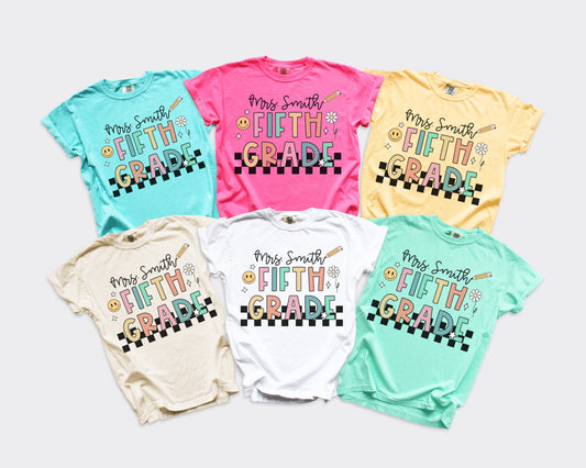 Checkered Fifth Grade Custom Teacher Shirt