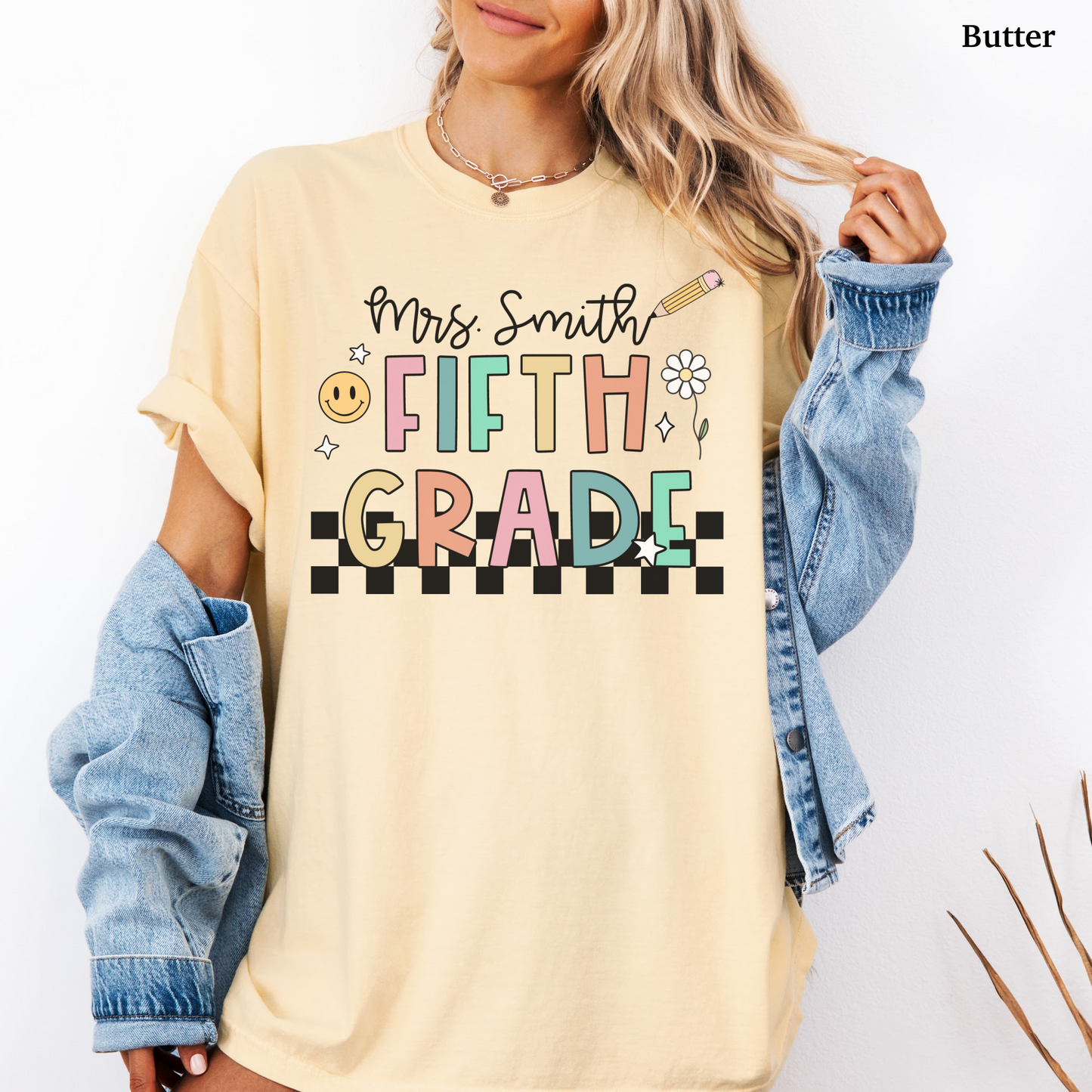 Checkered Fifth Grade Custom Teacher Shirt