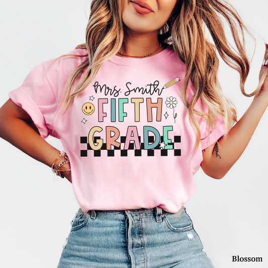 Checkered Fifth Grade Custom Teacher Shirt