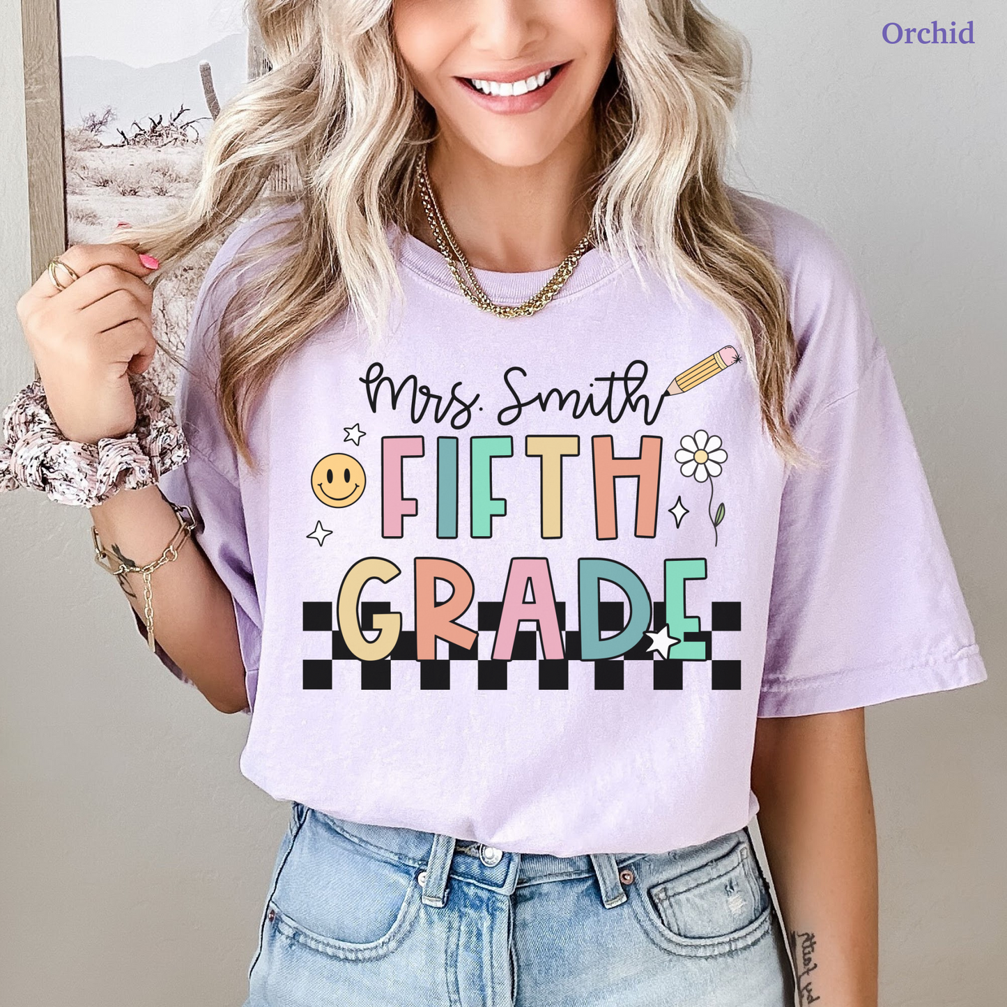 Checkered Fifth Grade Custom Teacher Shirt