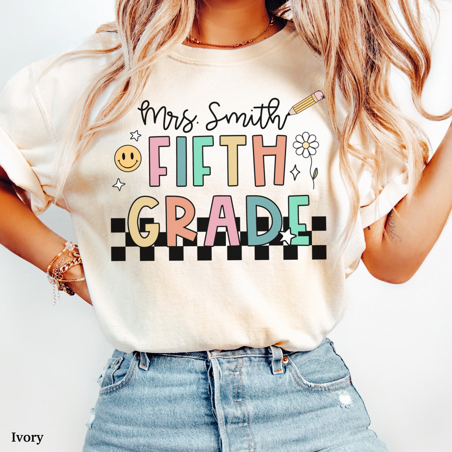 Checkered Fifth Grade Custom Teacher Shirt