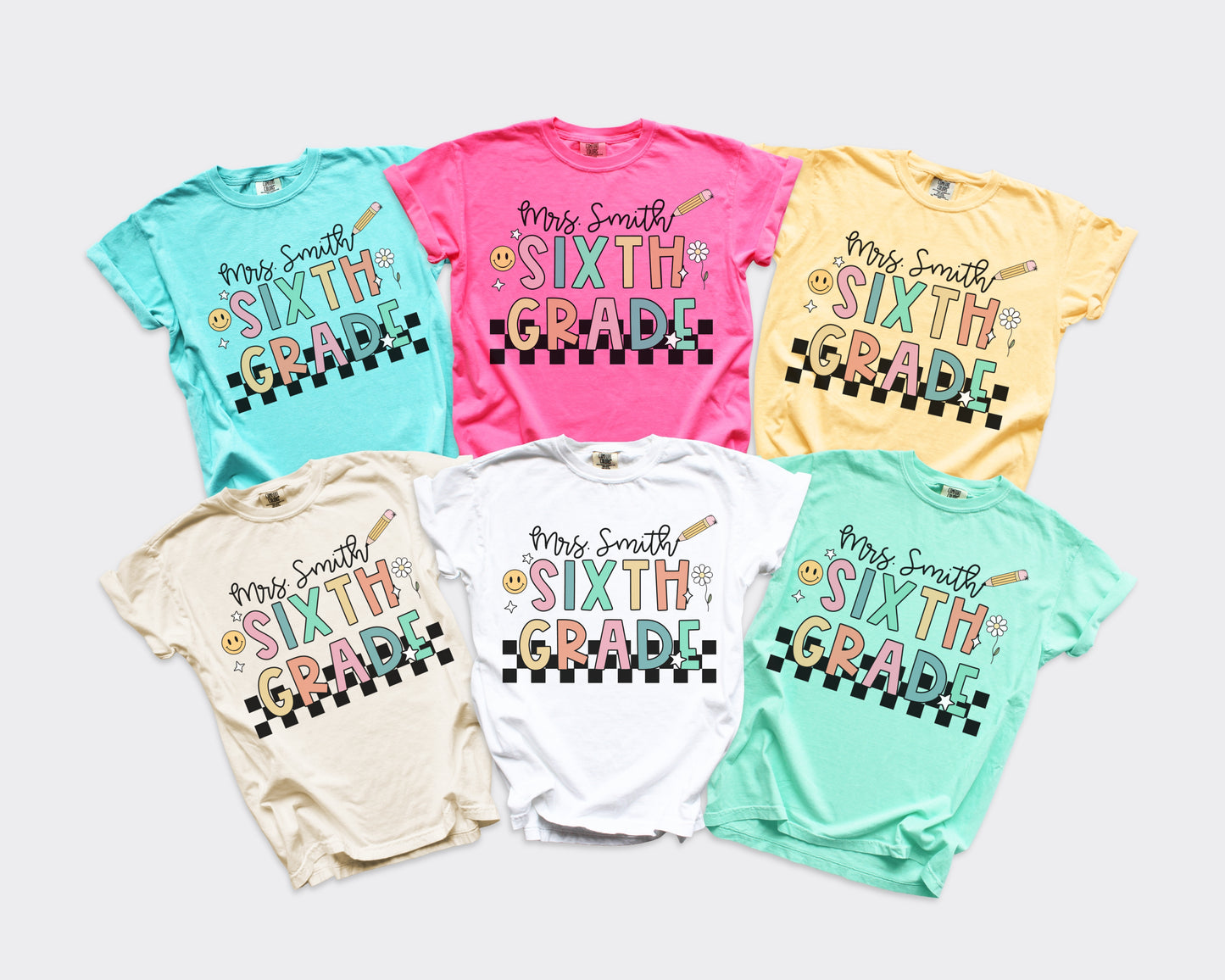 Checkered Sixth Grade Custom Teacher Shirt